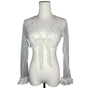 Vintage White Lace Long Sleeve Tie Front Cropped Cardigan Top Bolero Bridal